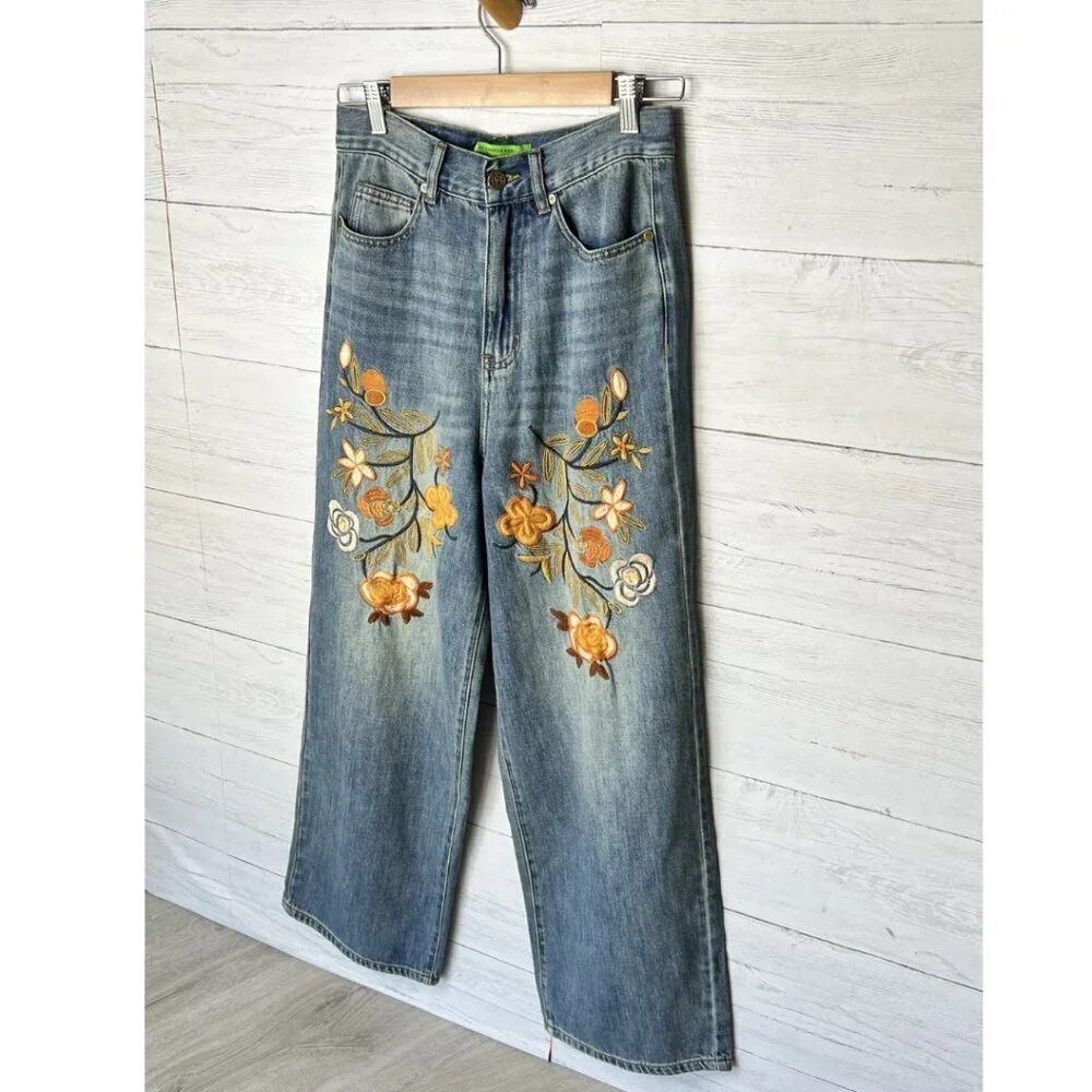Sandrine Rose Jeans Womens Size 25 Floral Embroidered Wide Leg 100% Cotton