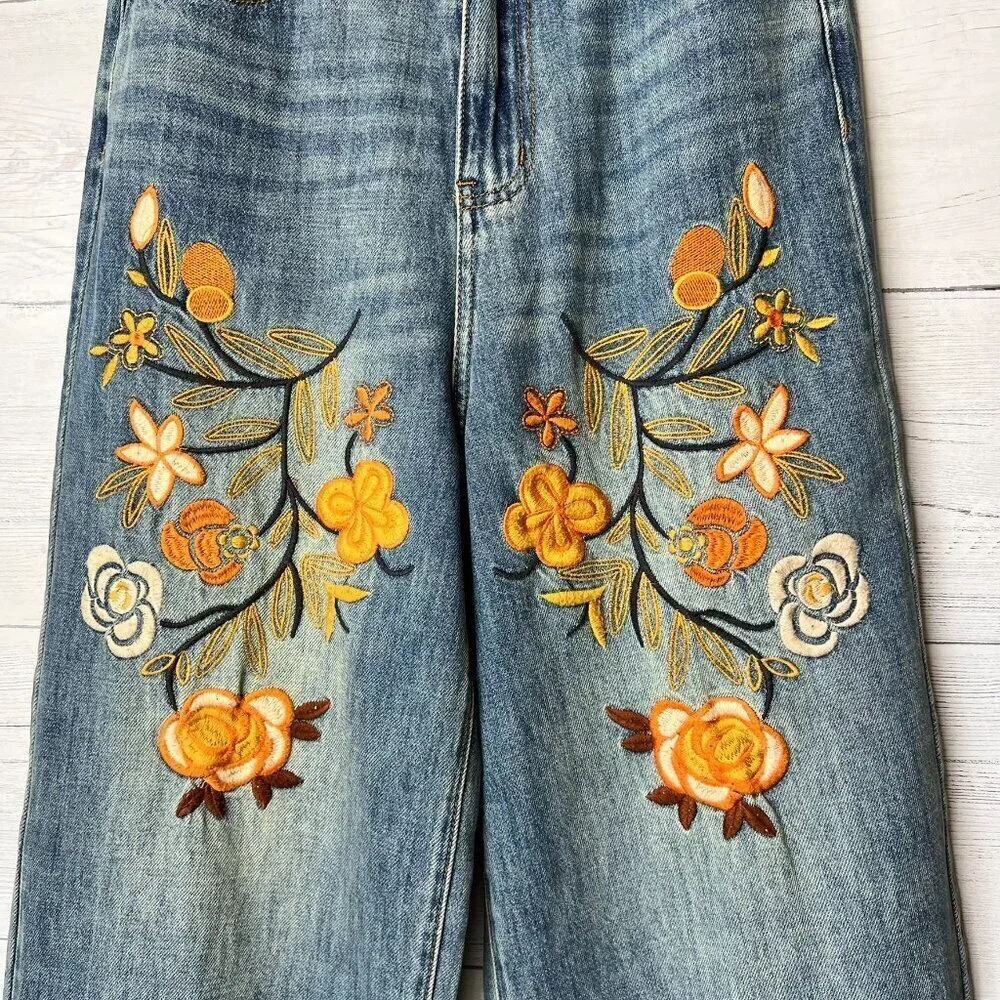Sandrine Rose Jeans Womens Size 25 Floral Embroidered Wide Leg 100% Cotton