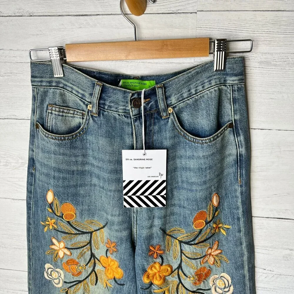 Sandrine Rose Jeans Womens Size 25 Floral Embroidered Wide Leg 100% Cotton