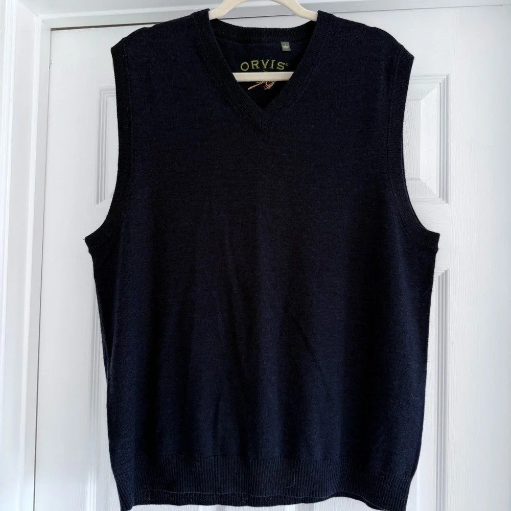ORVIS 100% Merino Wool Navy Knit Sleeveless V Neck Sweater Vest L