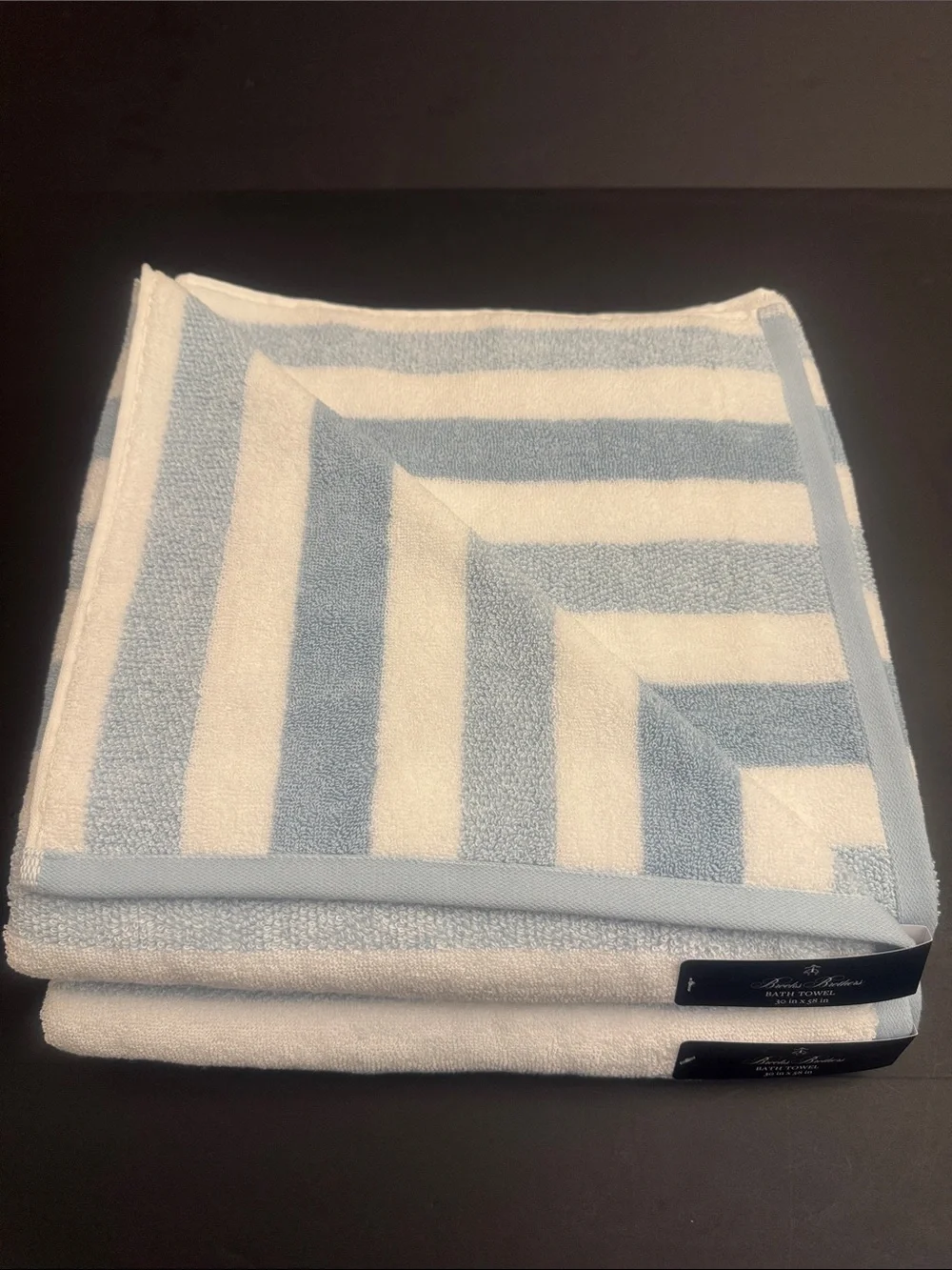 2pc BROOKS BROTHERS Cotton Oversized Light Blue & White Stripe Bath Towel Set