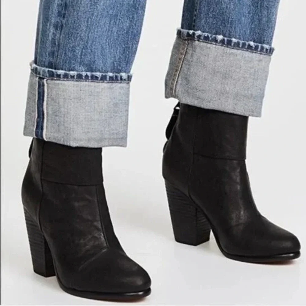 Rag & Bone Newbury Black Leather Ankle Boots Block Heel Back Zip Size 38