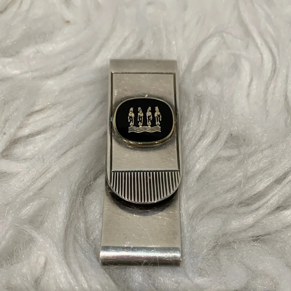 Stylish Silvertone Money Clip Black Accent with 4 Horses