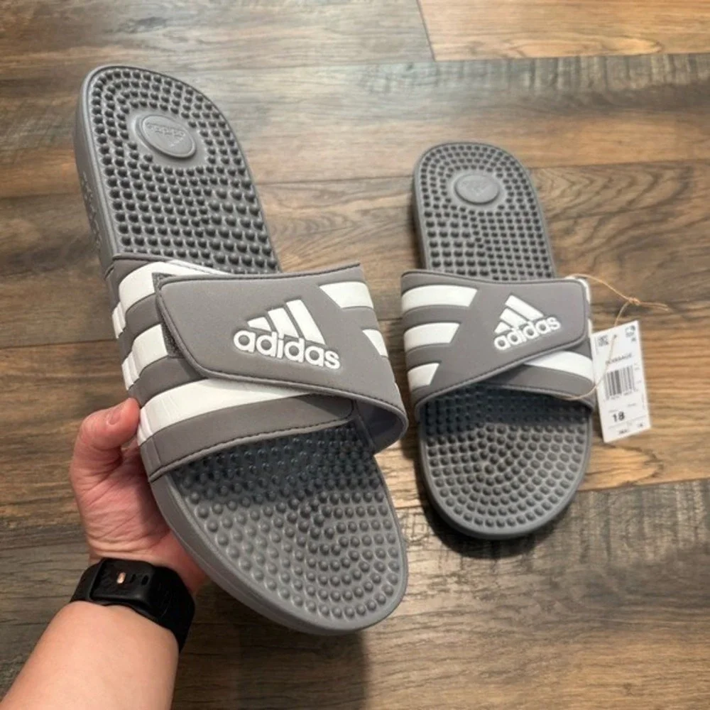 NEW Adidas Adissage‎ Stripe Gray Slip-On Sandals Rubber Slides Mens Size 18