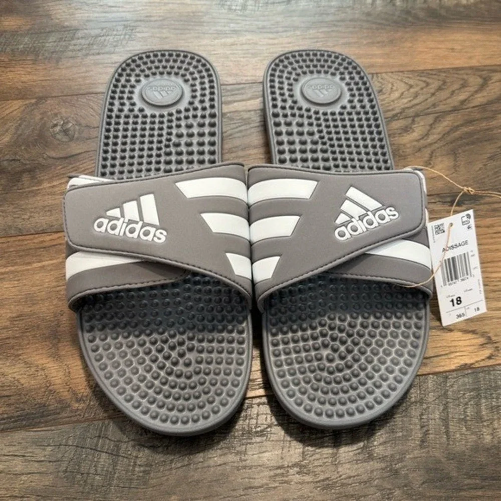 NEW Adidas Adissage‎ Stripe Gray Slip-On Sandals Rubber Slides Mens Size 18