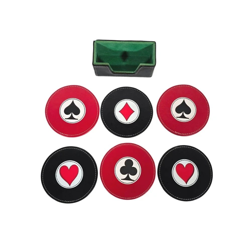 Set of 6 Poker‎ Card Suit Coasters with Black Holder Red Black faux Leather