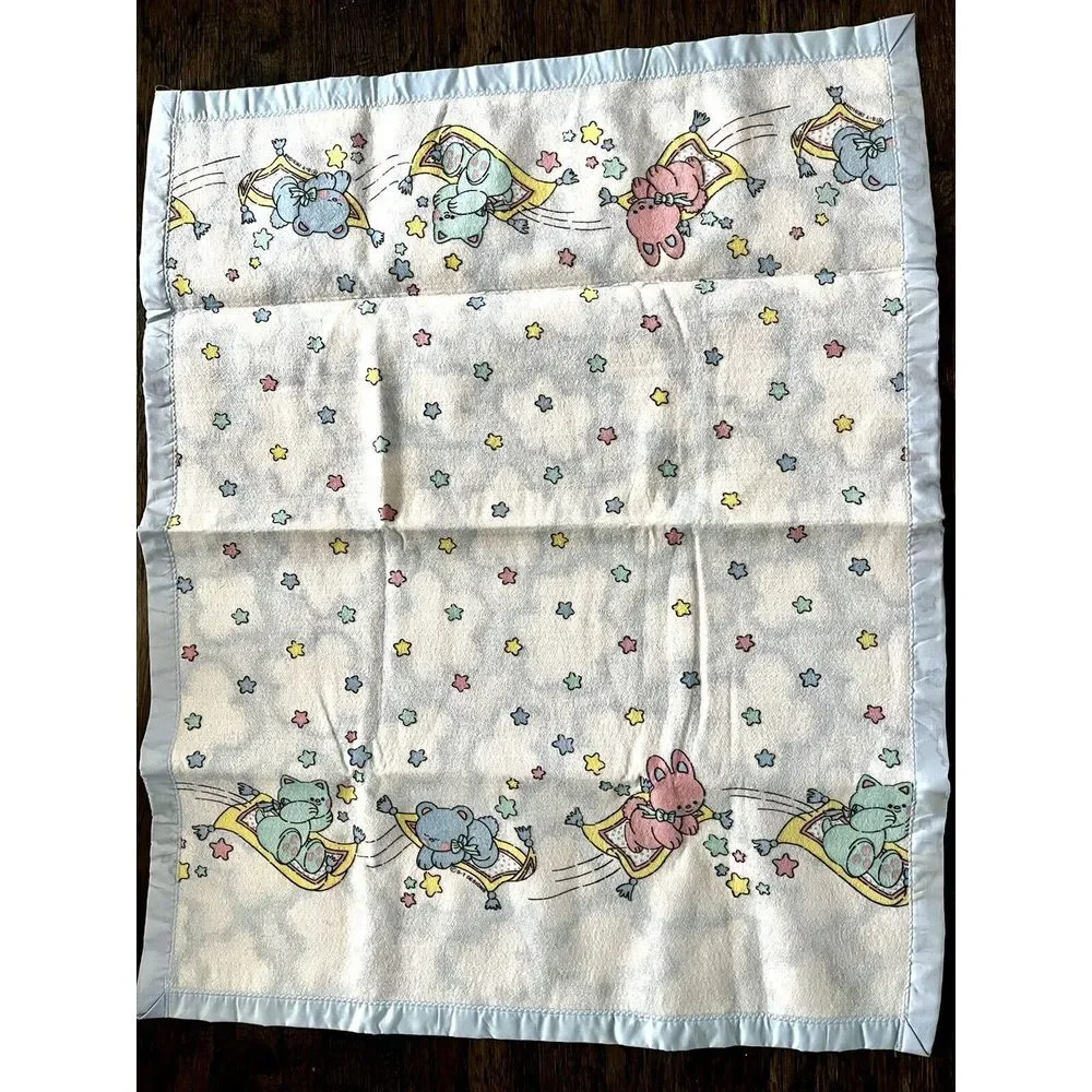 New Baby Blanket Vintage Satin Trim Teddy Bear Acrylic Stars Cuddle Time‎