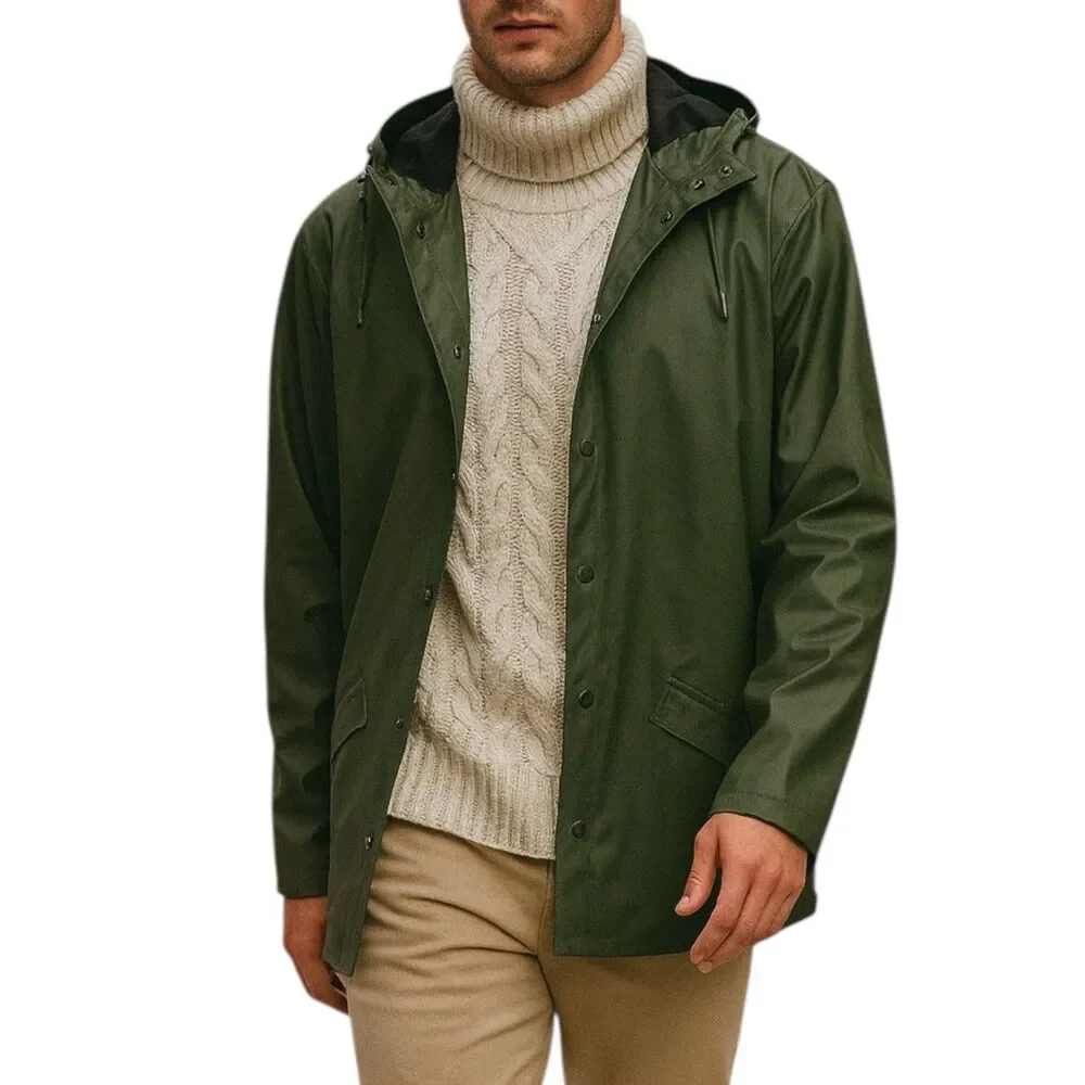 Rains Jacket Men’s XL Green Waterproof‎ Hooded Raincoat Snap Button Travel City