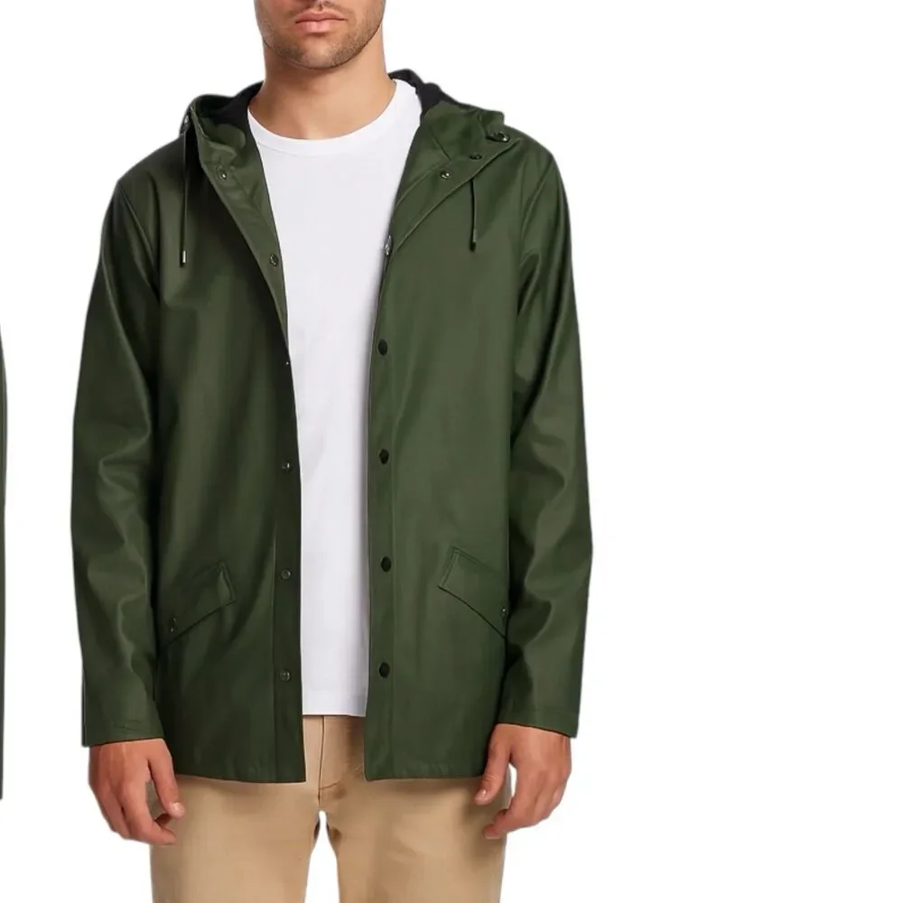 Rains Jacket Men’s XL Green Waterproof‎ Hooded Raincoat Snap Button Travel City
