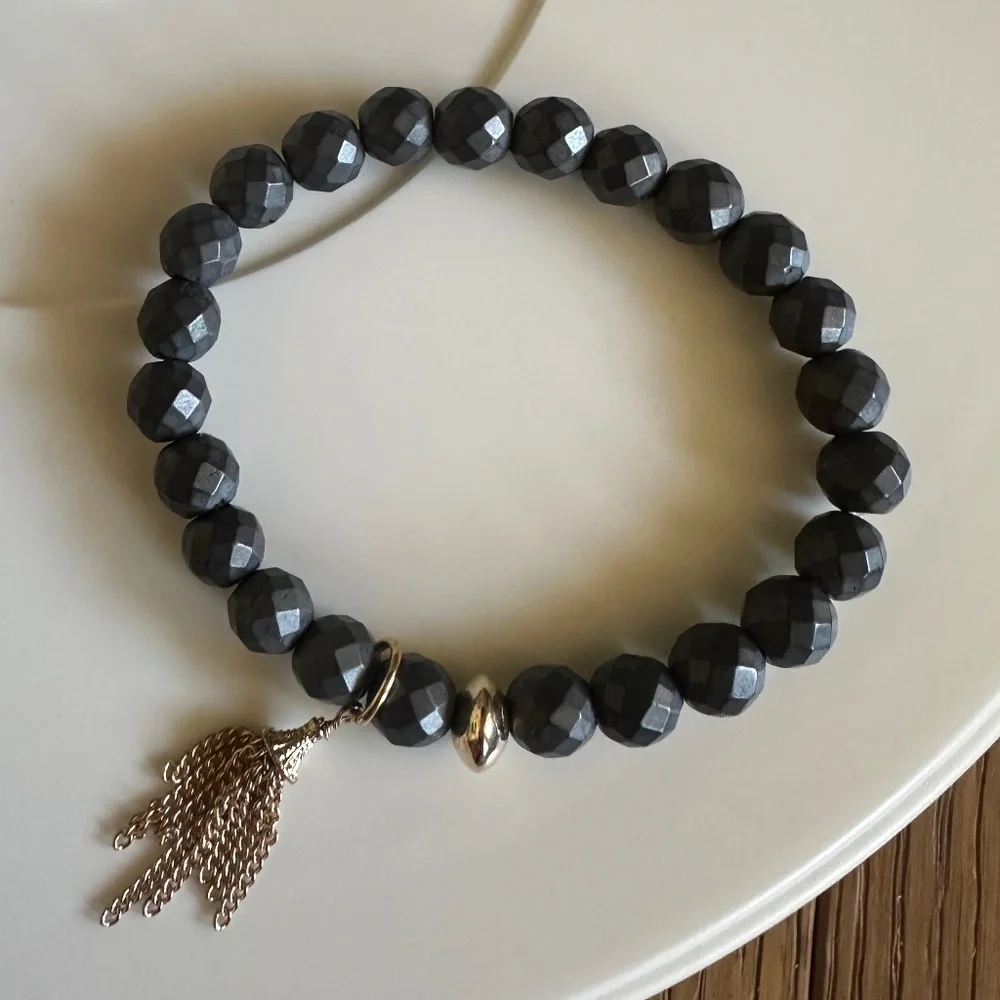Classic Hematite 8mm Stretch Bracelet Gray Gold Bronze Tassel Charm