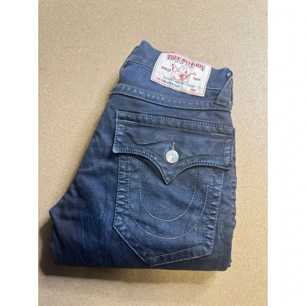 True Religion Mens‎ Section Straight Jeans Indigo Blue Whiskered Size 29 x 32