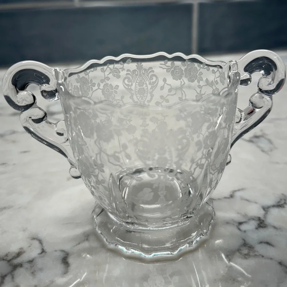 Vintage Cambridge Diane Clear Etched Pressed‎ Glass Sugar Bowl Creamer Set