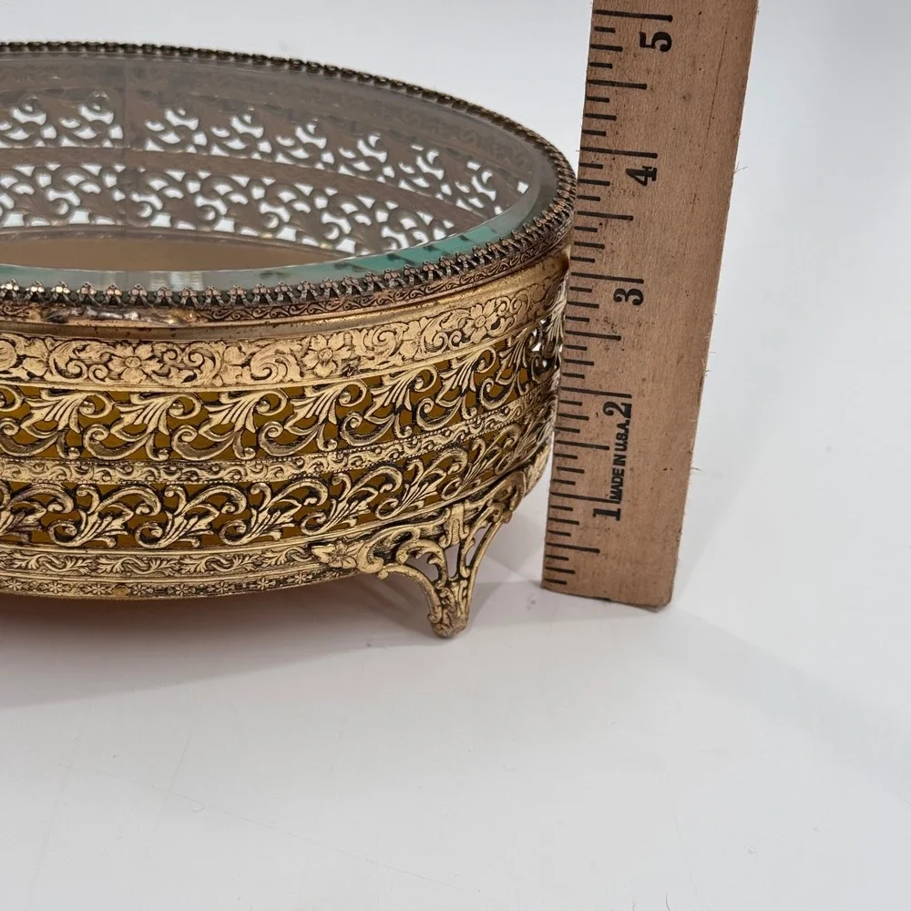 Vintage Ormolu Filigree Jewelry Casket Glass Vanity Box Hollywood Regency