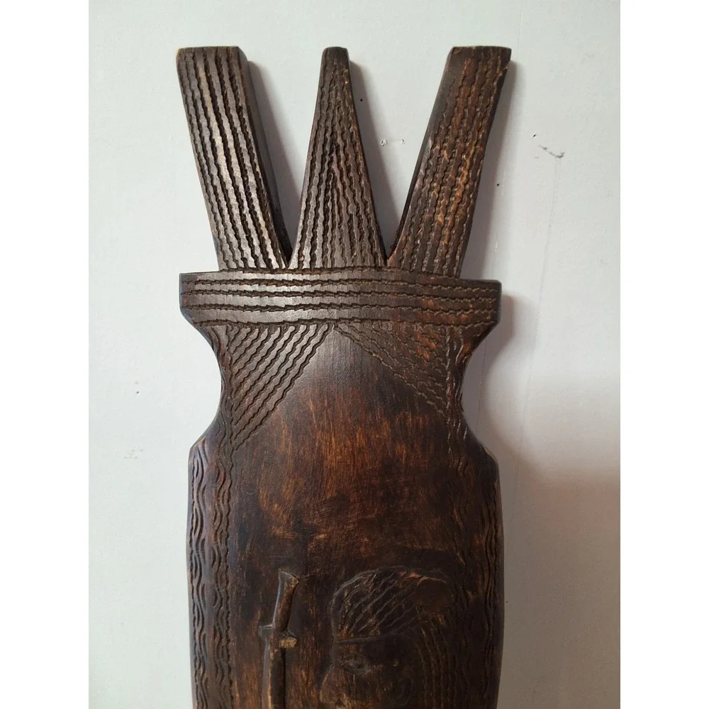Vintage Hand-Carved Wooden Decorative Shield. Used For Defense Or Ceremonies