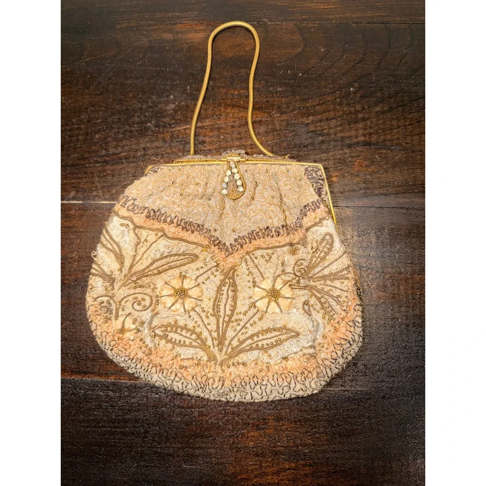 Vintage Gold Soutache Beaded Floral Evening Bag Rhinestone Clasp Snake Chain