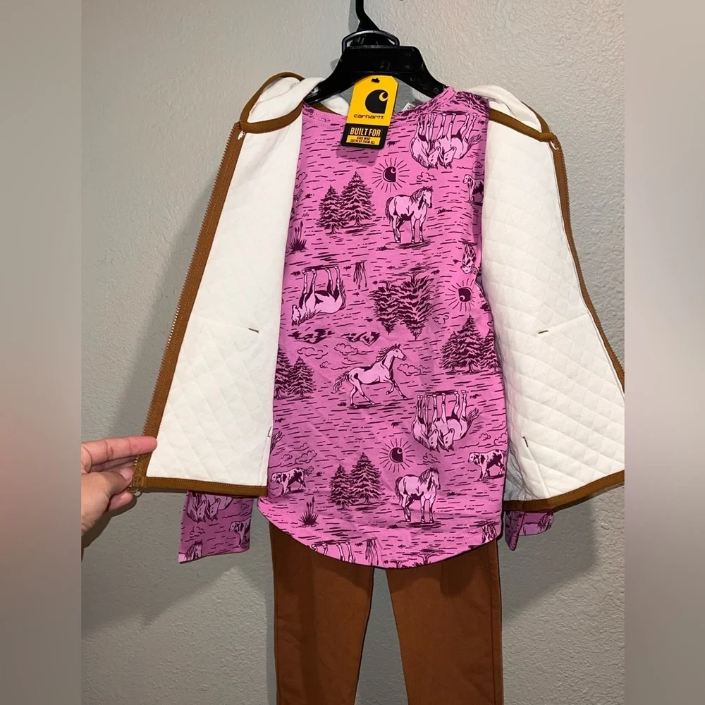NWT Carhartt Kids 3-Piece Set Quilted Vest, Pink Horse Print Tee & Leggings 4T