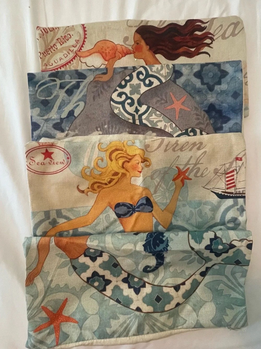 Vintage Beach Burlap Tropical 4 Mermaid Square 17 x 17.5 in Pillow cover