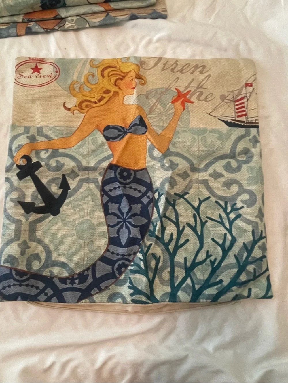 Vintage Beach Burlap Tropical 4 Mermaid Square 17 x 17.5 in Pillow cover