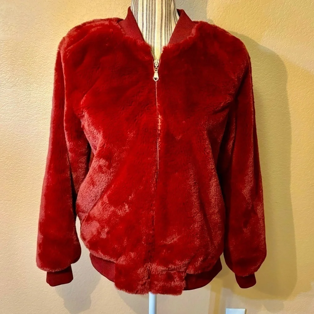 NEW Say What? Jacket Medium Faux Fur Maroon Red Teddy Bomber Jacket Cozy NWOT