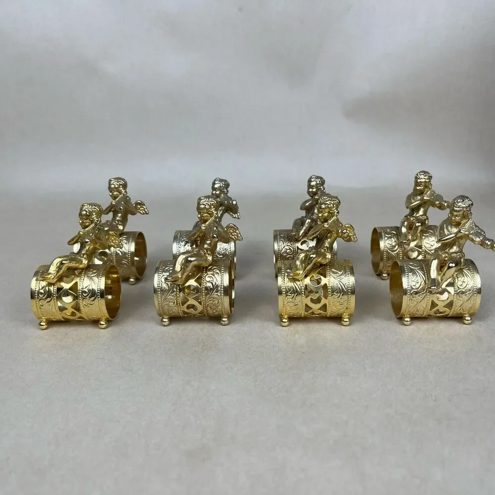 VTG 8pc Gold Tone Metal Angel Playing‎ Violin Filigree Napkin Ring Holder Signed