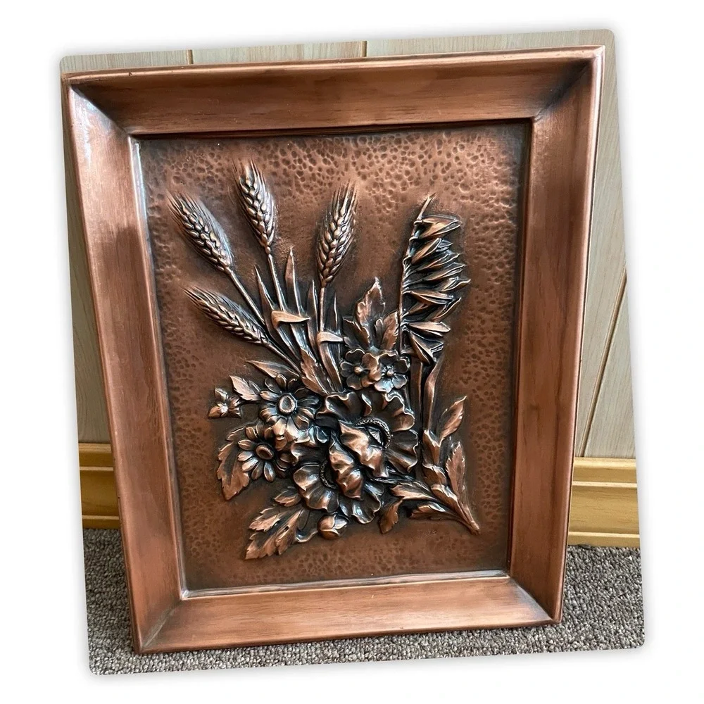 Antique Copper Floral‎ Wall Hanging Albert Gilles Signed 15.25x12.25 Repousse