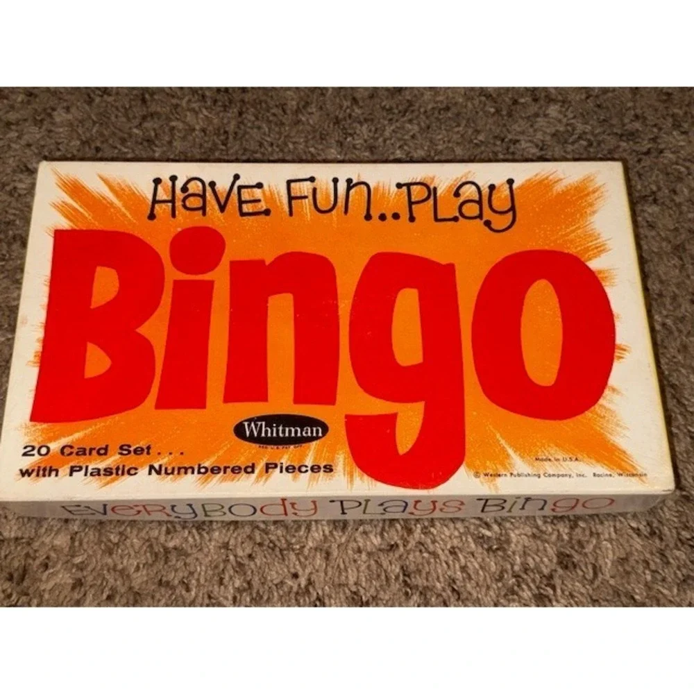 Vintage Whitman Bingo Game Set, 20 Cards, Numbered Pieces, Bingo Dispenser