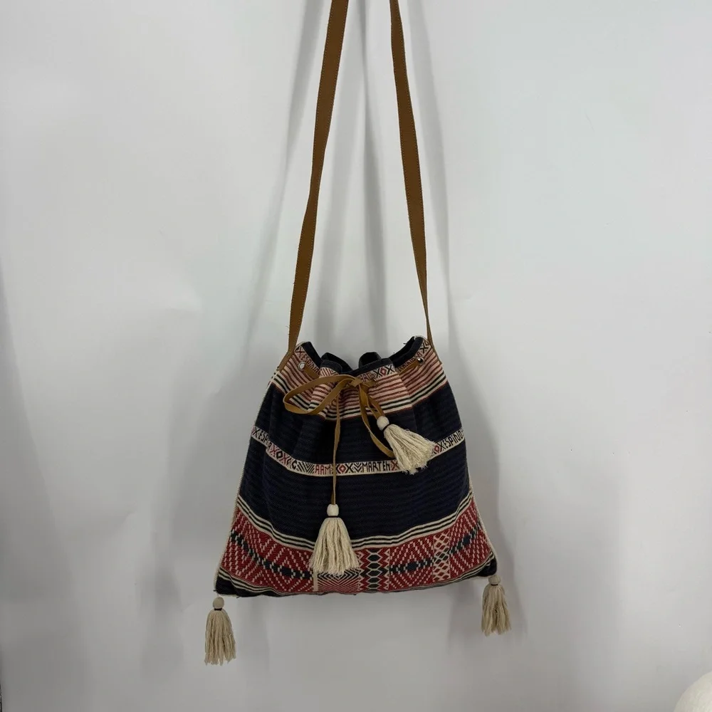 Star Mela vintage 100% cotton with leather strap and tassel bucket Boho bag