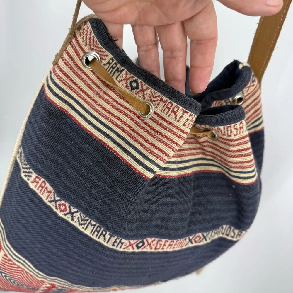 Star Mela vintage 100% cotton with leather strap and tassel bucket Boho bag