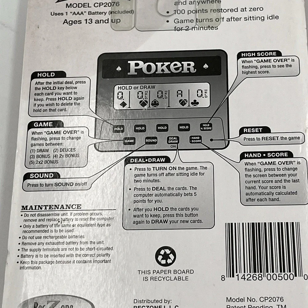 RecZone Electronic Handheld 5 in 1 Poker Game CP2076 Brand New Sealed -Works!