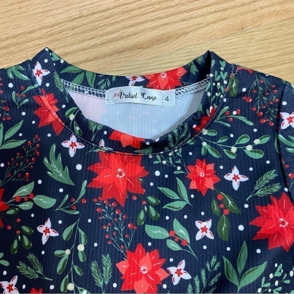 Winter Tulle Dress Sz 4 Girls Christmas Red Green Poinsettia Long Sleeve Kids