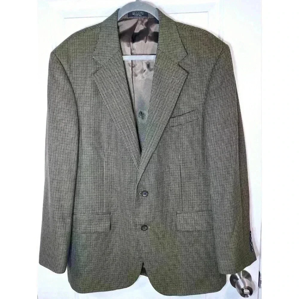 Oscar‎ de la Renta Mens 42R Houndstooth Wool Blazer Brown Tan Sport Coat 3087