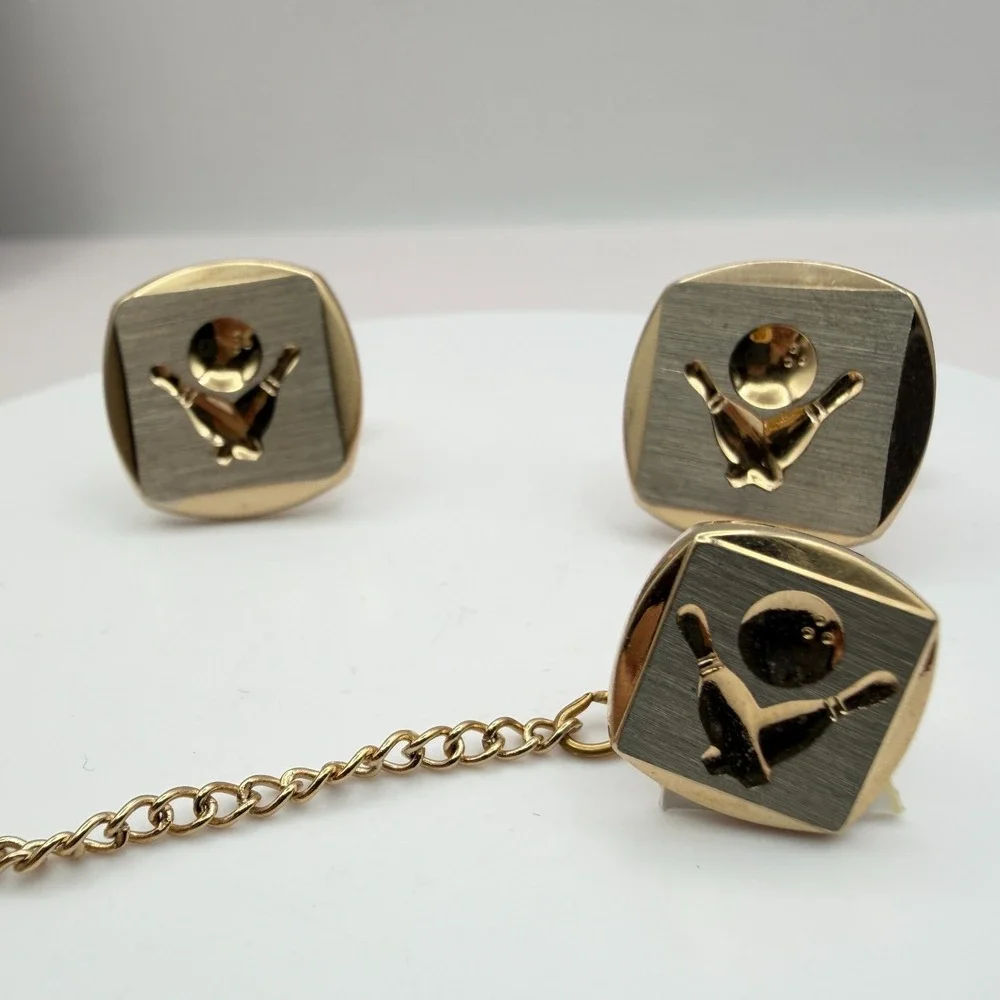 VTG Y2K Gold Tone Bowling Tie Tac Cufflinks Set Men's Classic Fashion Jewelry