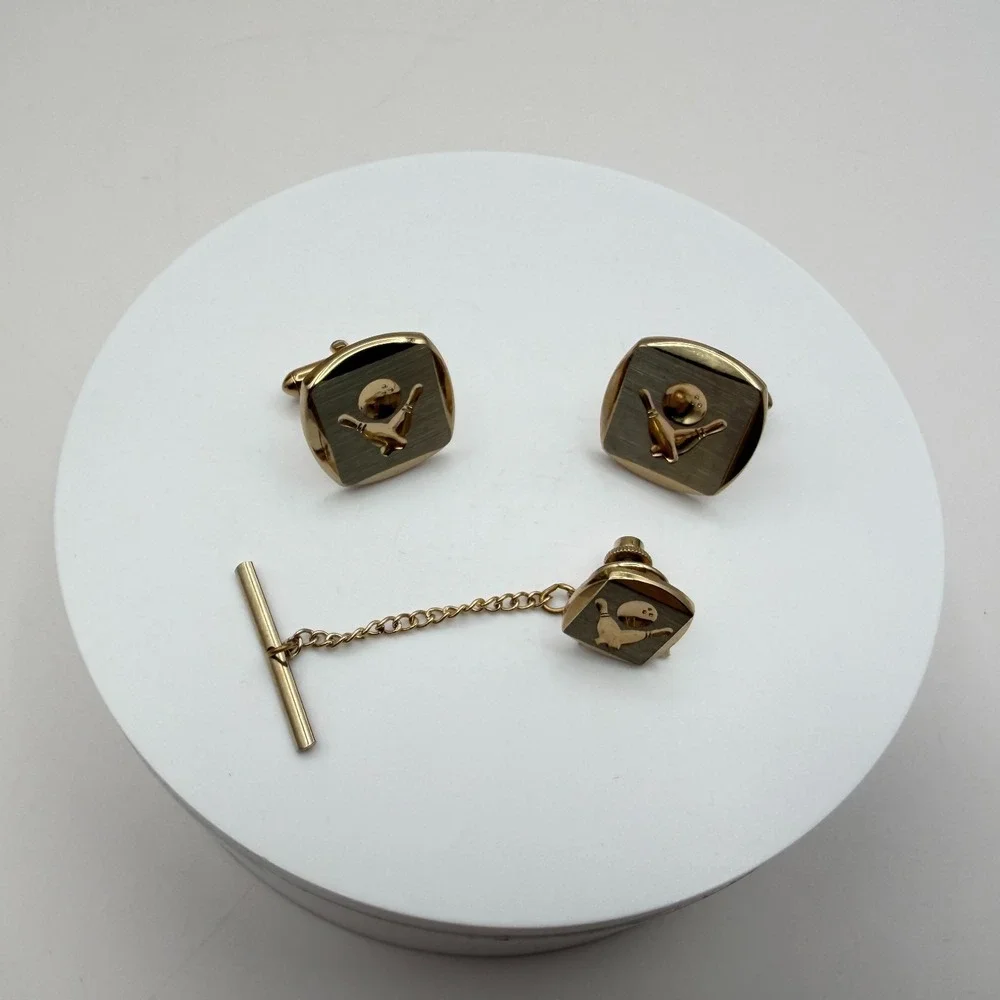 VTG Y2K Gold Tone Bowling Tie Tac Cufflinks Set Men's Classic Fashion Jewelry
