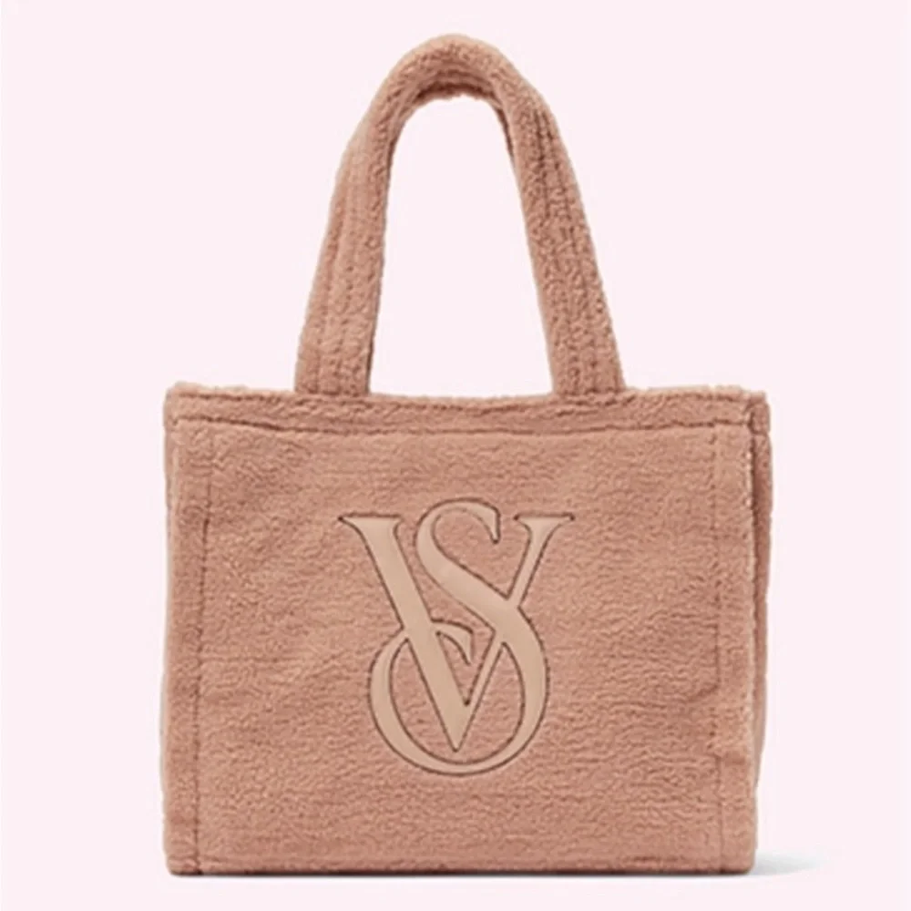 Victoria's Secret Plush Fuzzy Tan Brown Teddy Sherpa Logo Magnetic Closure Tote