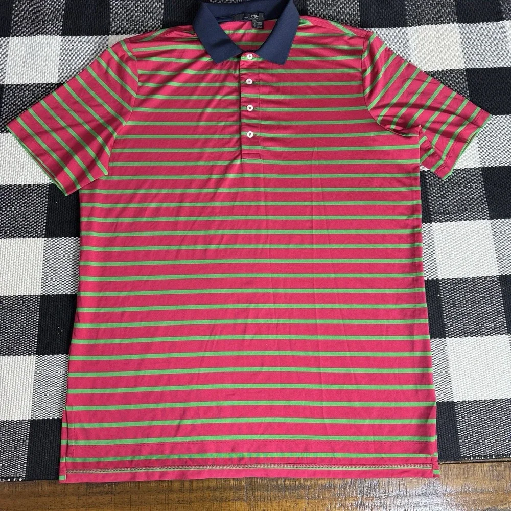 RLX Ralph Lauren Polo Shirt Mens L Fuchsia Green Stripe Performance Golf‎ Preppy
