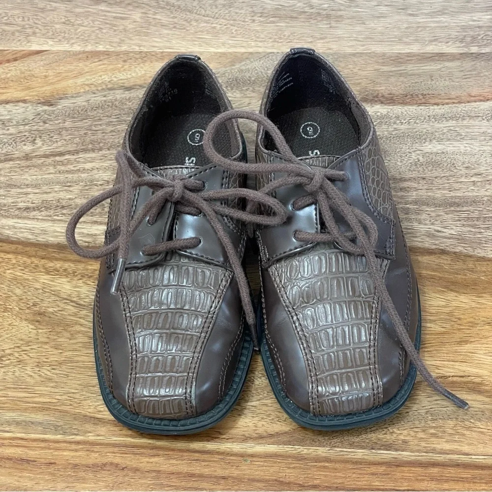 Smartfit Two Tone Brown‎ Little Boy Oxfords with Faux Crocodile Tie Laces sz 9