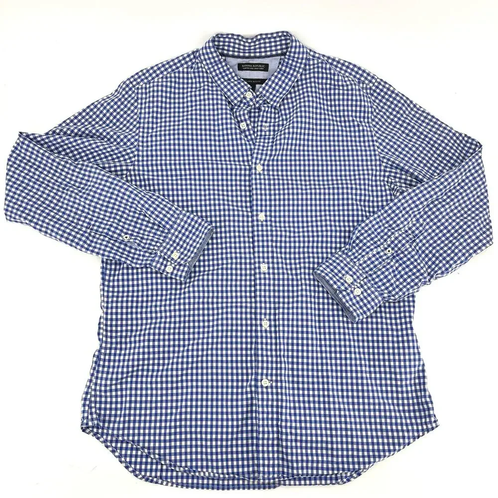 Banana Republic Mens custom 078 wash blue check button up‎ collared shirt (L)