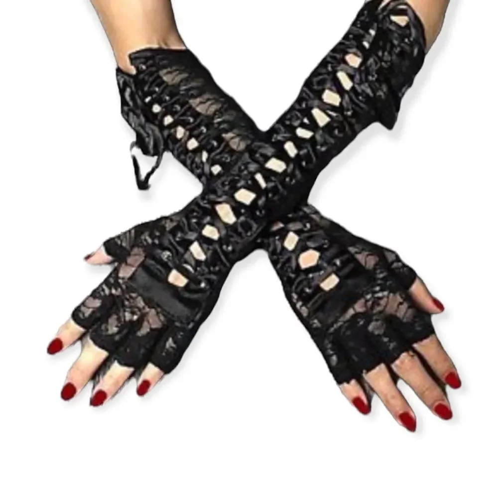 Long Black Lace Up Fingerless Gloves - NEW