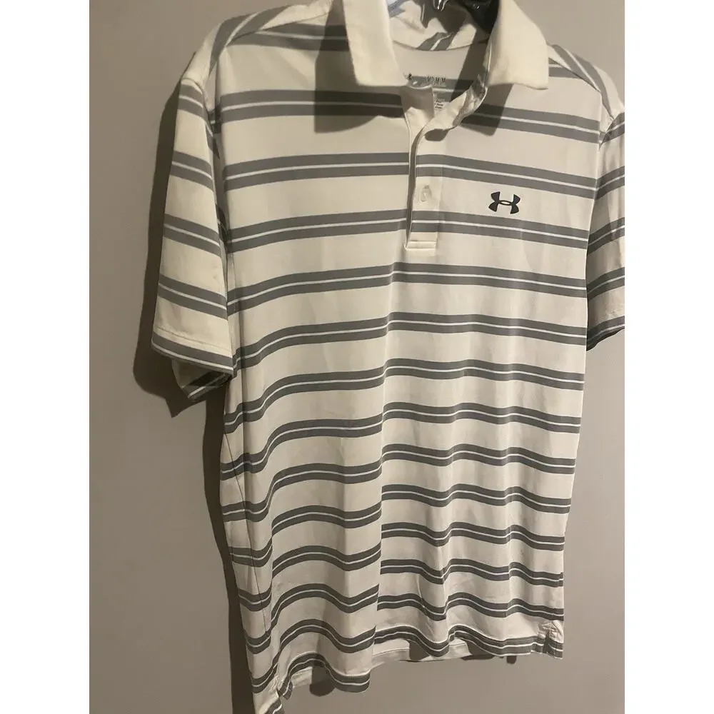 Under Armour Polo Heat‎ Gear Groove Striped Top Tech Golf Shirt White Medium