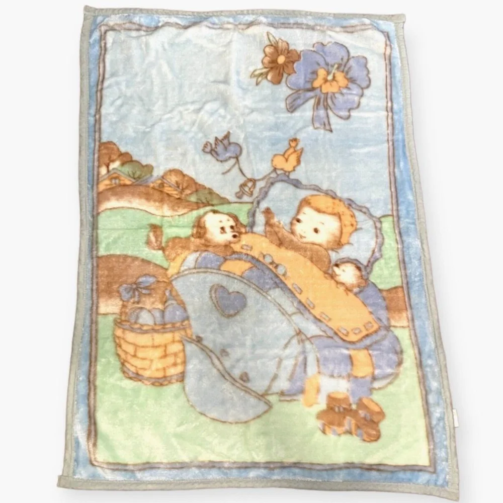 Vtg White Lamb Plush Baby Blanket Outdoor Cradle Birds Dog Silky Soft Blue Green