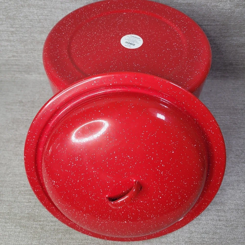 Crate & Barrel OLD STOCK Tinware Red & White Metal Pitcher & Stock Pot Set NEW