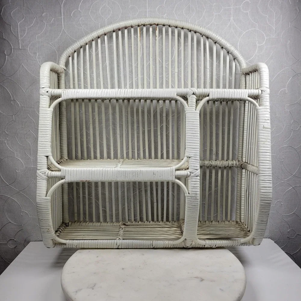 VTG Wrapped Rattan Wicker Shelf White Arched 3 Tier Boho Storage Cabinet