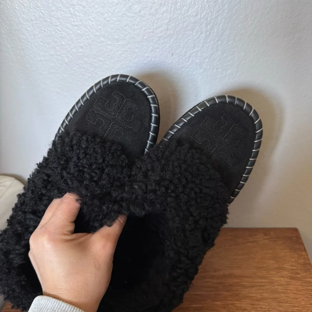 Tory Burch Women's Black Shearling Slippers Size 8