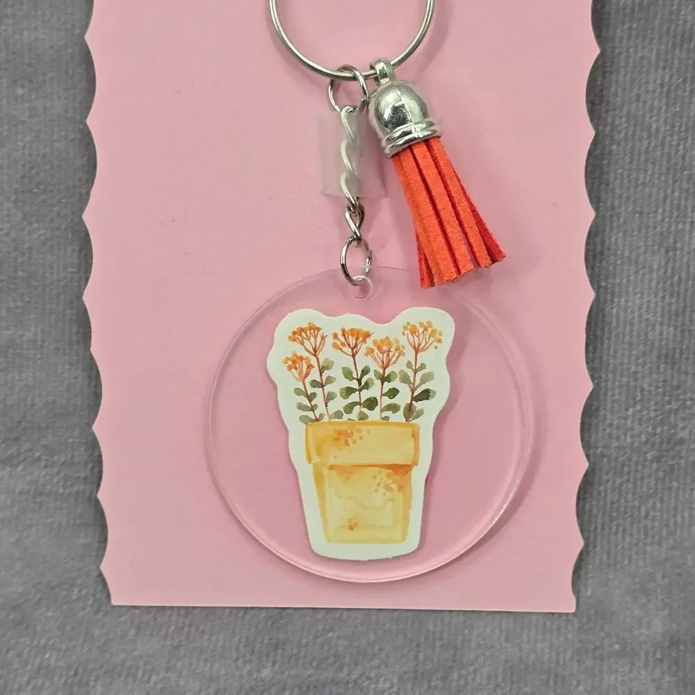 Letter Keychain Clear Silver‎ Circle Handmade Acrylic Tassel Flower C Orange