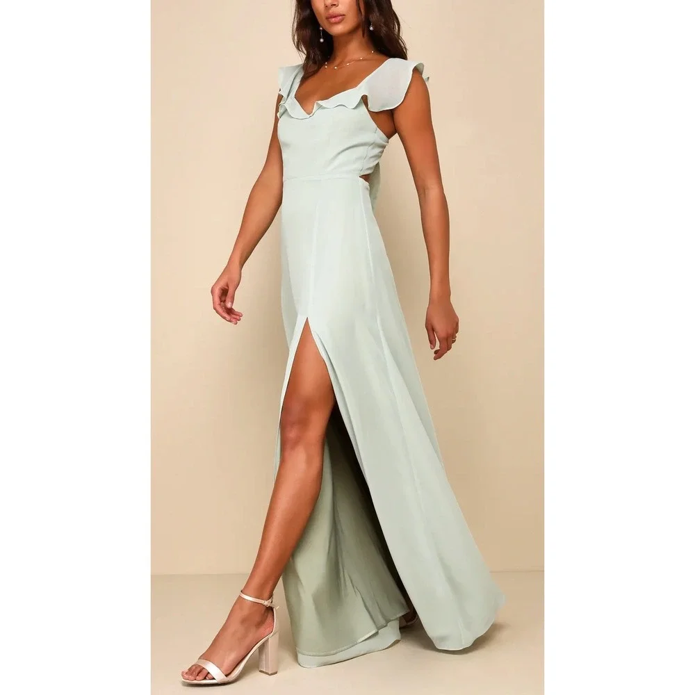 NWT Lulus Sweetest Entrance Sage Green Ruffled‎ Tie-Back Maxi Dress Sz S