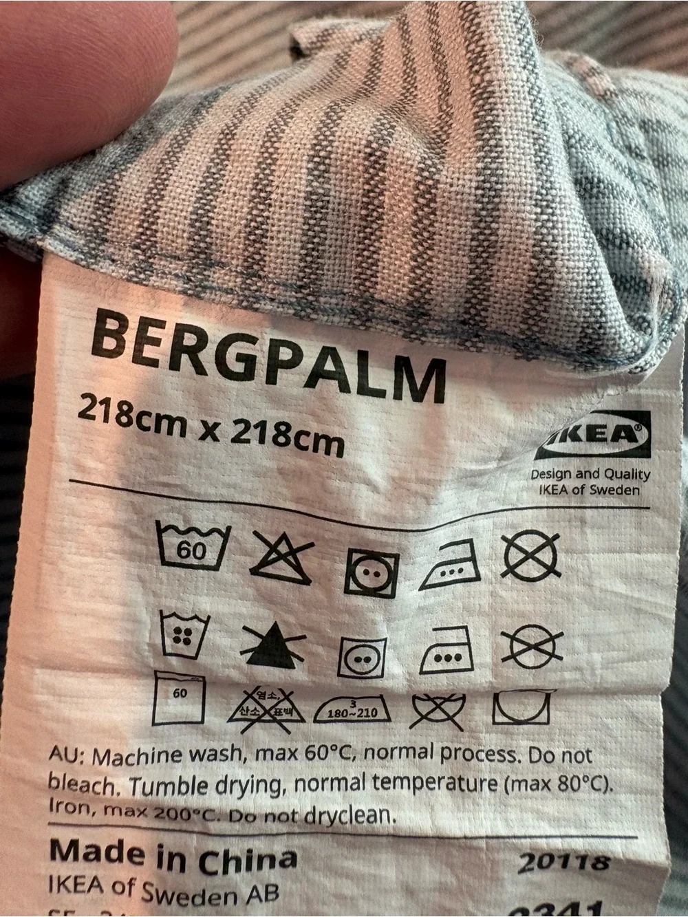 IKEA BERGPALM Gray Pinstripe Duvet Cover - 100% Cotton, 86x86