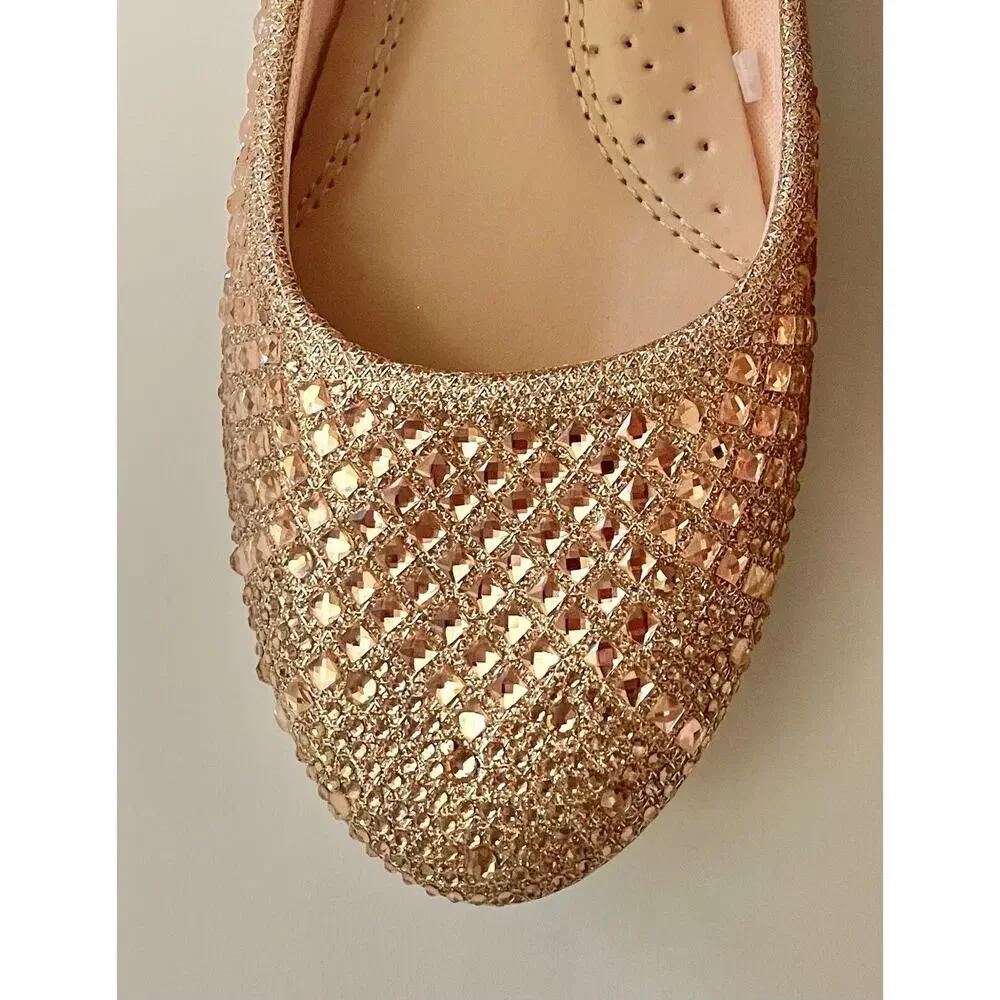 Link Comfort Rose Gold Sparkle Bejeweled Ankle Strap Ballet Flat Shoes Size 4