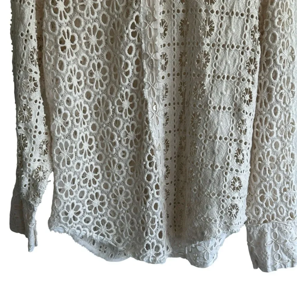 Free People FP One Yesenia Blouse M Crochet Embroidered Button Down Ivory Boho