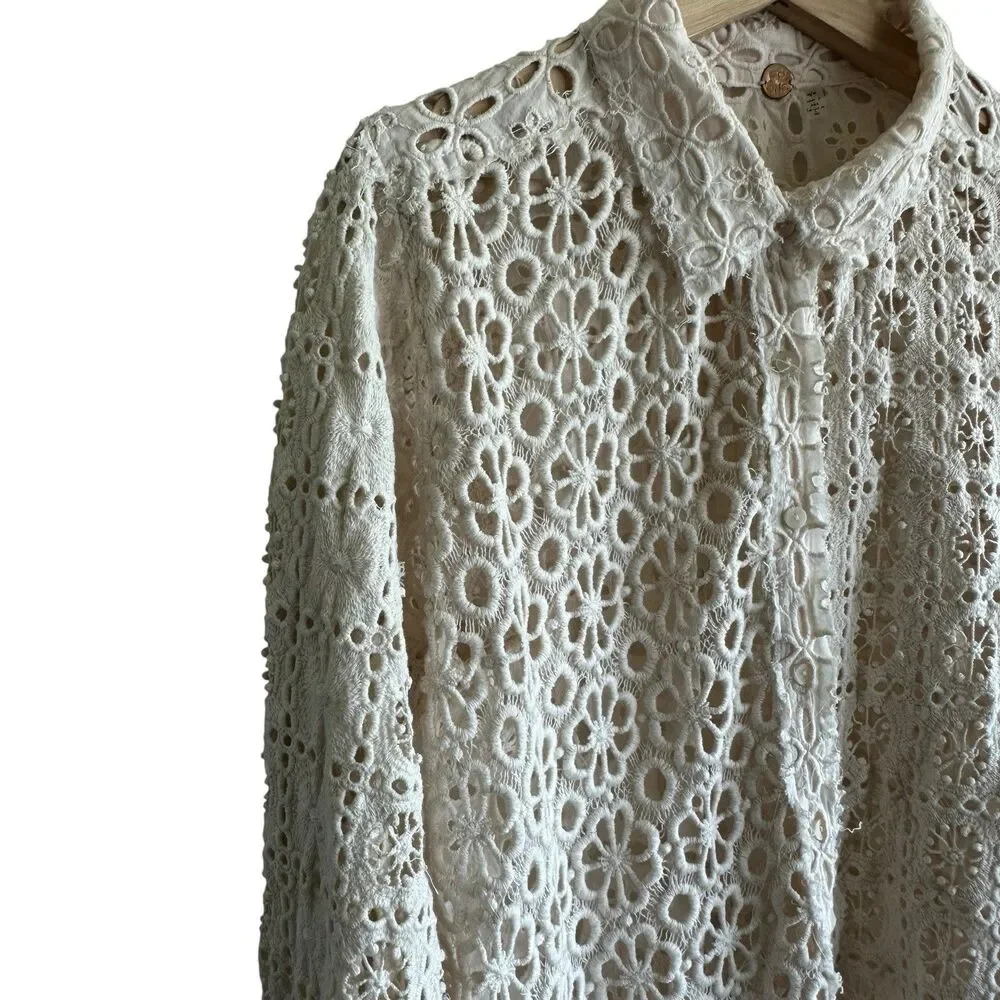 Free People FP One Yesenia Blouse M Crochet Embroidered Button Down Ivory Boho