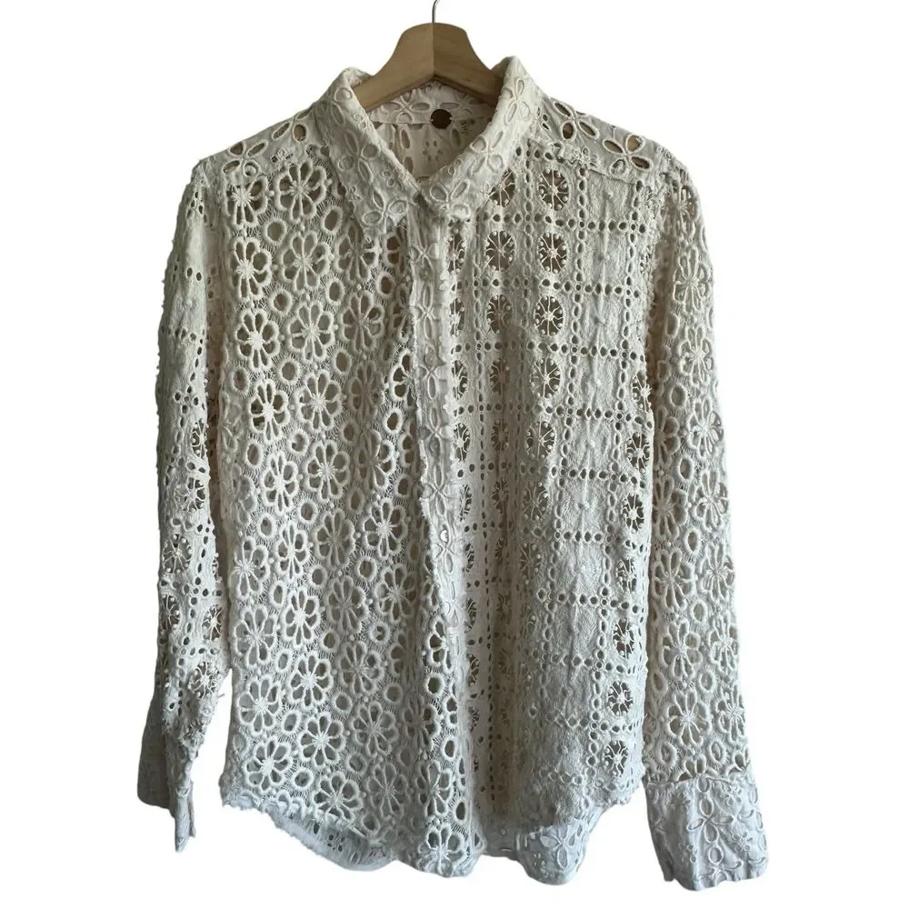 Free People FP One Yesenia Blouse M Crochet Embroidered Button Down Ivory Boho